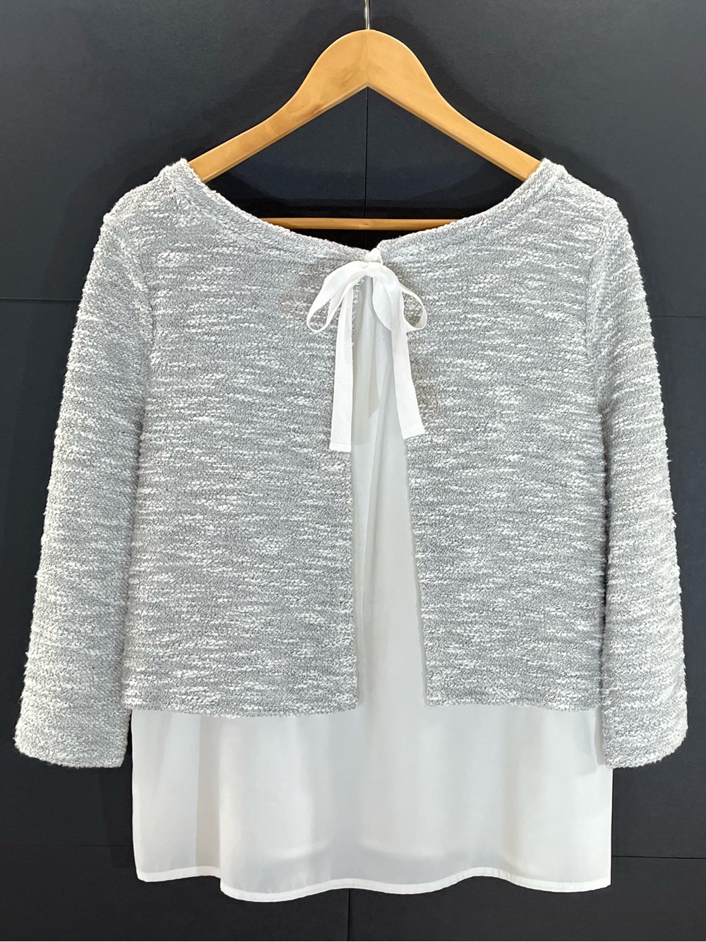 Vintage Anthropology Textured Grey Cotton Knit W/Attached White Chiffon Tie-Back